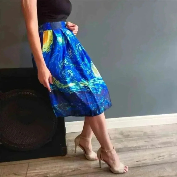 Satin Women Vintage Van Gogh Starry Sky Oil Painting 3D Print High Waist Skirt - Picture 1 of 12